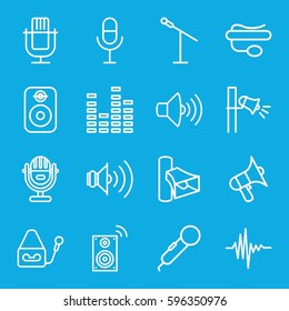 voice icons set. Set of 16 voice outline icons such as volume, microphone, pin microphone, equalizer, music equalizer, megaphone, speaker
