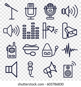 Voice icons set. set of 16 voice outline icons such as microphone, volume, pin microphone, equalizer, megaphone, music equalizer, music loudspeaker