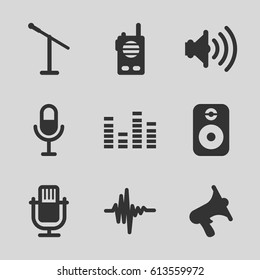 Voice icons set. set of 9 voice filled icons such as volume, microphone, equalizer, music equalizer, speaker
