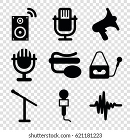 Voice icons set. set of 9 voice filled icons such as microphone, volume, pin microphone, music equalizer