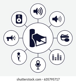 Voice icons set. set of 9 voice filled icons such as microphone, volume, pin microphone, equalizer, speaker