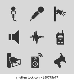 Voice icons set. set of 9 voice filled icons such as microphone, volume, megaphone, music equalizer, music loudspeaker