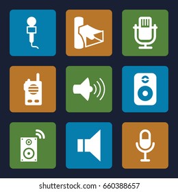 Voice icons set. set of 9 voice filled icons such as microphone, volume, megaphone, speaker, music loudspeaker