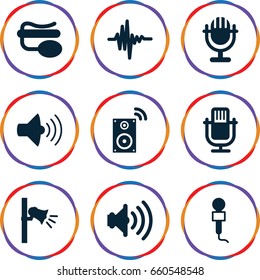 Voice icons set. set of 9 voice filled icons such as microphone, volume, pin microphone, music equalizer, megaphone