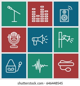 Voice icons set. set of 9 voice outline icons such as pin microphone, equalizer, microphone, music equalizer, megaphone