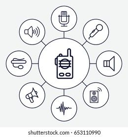 Voice icons set. set of 9 voice outline icons such as volume, pin microphone, megaphone, music equalizer, music loudspeaker, walkie talkie