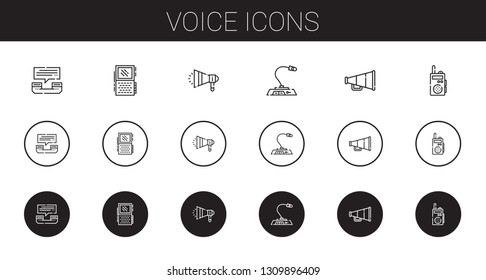 voice icons set. Collection of voice with phone call, voice recorder, megaphone, microphone, speaker, walkie talkie. Editable and scalable icons.