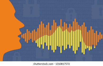 voice ID security illustration of profile head with matching profile in password audio wave. vector graphic of voice id audio security in yellow and blue