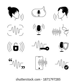 Voice ID tech icons. Simple set of biometric scan related. Person using voice control, Artificial intelligence, lock and key. Voice or sound recognition signs in line style. Vector stock illustration.