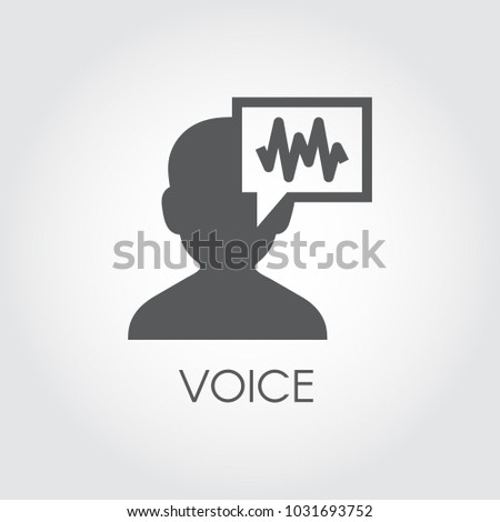 Voice identity black flat icon. Recognize audio system sign. Voiceover biometric symbol. Silhouette of man and sound wave graphic pictograph. Vector illustration for various design needs