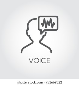 Voice Identity Outline Icon. Recognize Audio System Sign. Voiceover Symbol. Silhouette Of Man And Sound Wave Pictograph Drawing In Line Style. Vector Illustration For Various Design Needs