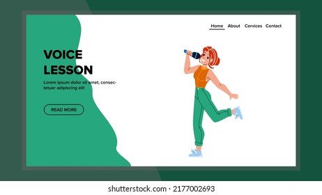 Voice Lesson Studying Young Woman Singer Vector. Girl Teenager Practicing Voice Lesson In Musician School, Singing In Microphone. Character Lady Performance Web Flat Cartoon Illustration