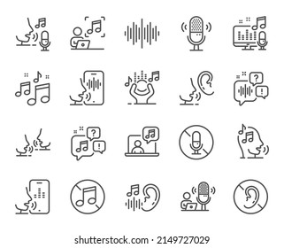 Voice line icons. Voicemail, microphone record and silence. Whisper talk, listen voice and ear hearing disability line icons. Speak recognition, phone dictation and audio sound wave. Vector