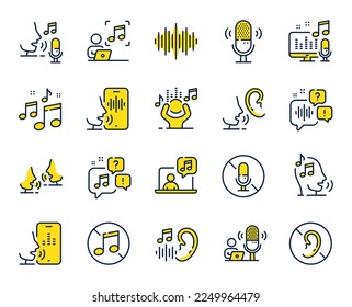 Voice line icons. Voicemail, microphone record and silence. Whisper talk, listen voice and ear hearing disability line icons. Speak recognition, phone dictation and audio sound wave. Vector