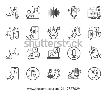 Voice line icons. Voicemail, microphone record and silence. Whisper talk, listen voice and ear hearing disability line icons. Speak recognition, phone dictation and audio sound wave. Vector