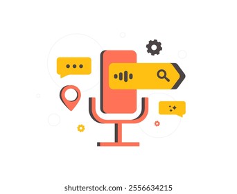 Voice Local SEO - voice search optimization for local businesses with voice assistants, local search marketing, targeted SEO strategies and enhanced visibility in nearby areas. Vector illustration