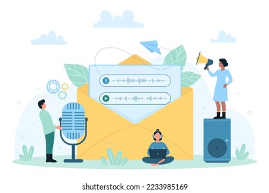 Voice mail service vector illustration. Cartoon tiny people record audio message, use megaphone and laptop, big microphone and envelope, online social media messenger to send sound information,