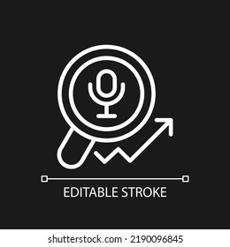 Voice marketing pixel perfect white linear icon for dark theme. Connect with audience in speech. Audio content. Thin line illustration. Isolated symbol for night mode. Editable stroke. Arial font used