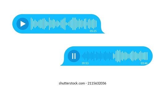 Voice message. Audio chat icons. Record audio message. Bubble with sound call and waves. Ui for mobile phone messenger. Interface and buttons for speech recorde and speaker. Vector.