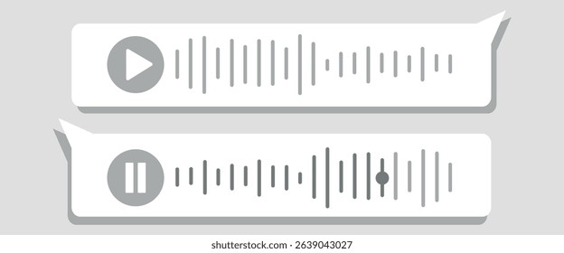Voice message. Audio chat icons. Record audio message. Bubble with sound call and waves. Ui for mobile phone messenger. Interface and buttons for Play and Stop. 