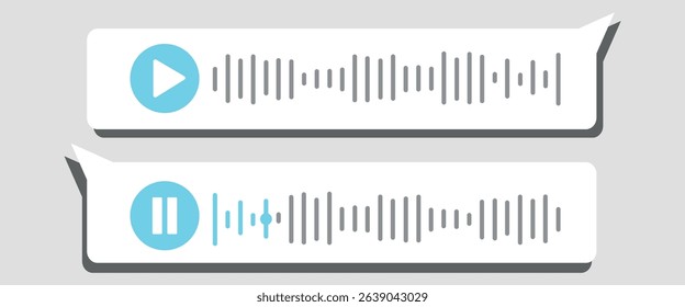 Voice message. Audio chat icons. Record audio message. Bubble with sound call and waves. Ui for mobile phone messenger. Interface and buttons for Play and Stop. 
