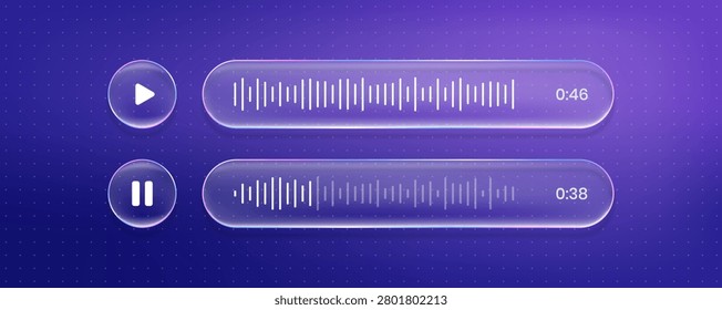 Voice message audio waveform interface with liquid glass play and pause buttons. Sound wave dialogue ui elements for futuristic or digital mobile application.