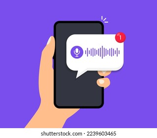 Voice message bubble on screen smartphone. Mobile phone with notification voice message. New voice note. Social media design. Vector illustration.