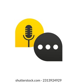 Voice message bubble. Podcast logo. The microphone icon. Podcast radio icon. Studio microphone with webcast. Podcast chat. Audio record concept, isolated on white background. Vector illustration