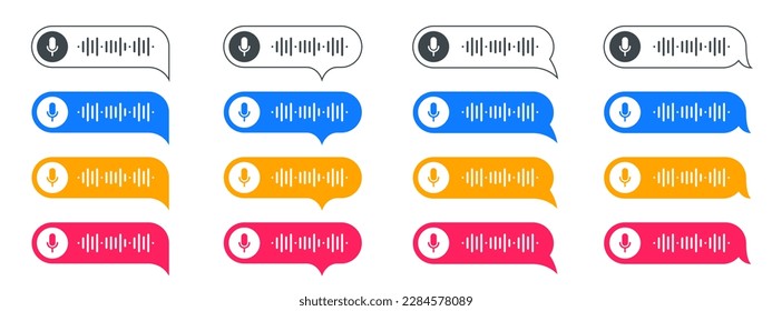 Voice message bubbles, audio chat and record play microphone buttons, vector messenger voice playback. Voice message interface icon of recording sound wave play