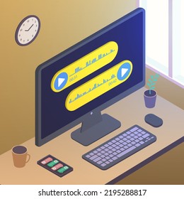 Voice message bubbles on desktop screen isometric vector icon concept. Voice mail event notification, chat messaging correspondence