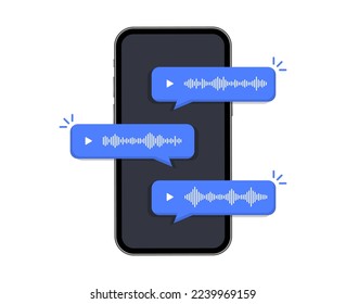 Burlas de mensajes de voz en el smartphone de pantalla. Notas de voz. Teléfono móvil con chat de voz. Grabar mensaje de voz para la correspondencia telefónica. Diseño de medios sociales. Ilustración vectorial.