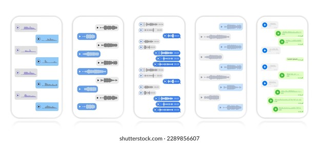 Voice message bubbles on screen smartphone. Voice notes. Record voice message for phone correspondence. Social media design. Mobile phone with voice chat. Vector illustration.	