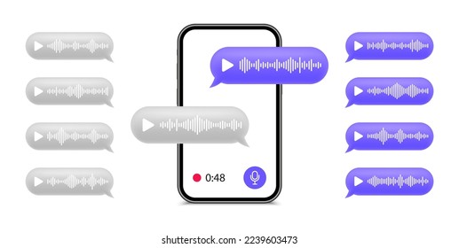 Voice message bubbles. Smartphone with voice messages. Voice notes. Mobile phone with social media chat. Record voice message for phone correspondence. Vector illustration.