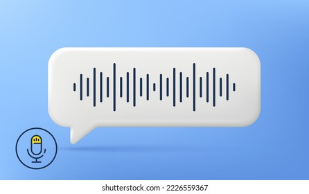 Voice message chat bubble icon with sound wave and microphone. Record audio message. 3d speech bubble with mic. Podcast voice audio record. Music track sound wave. Vector