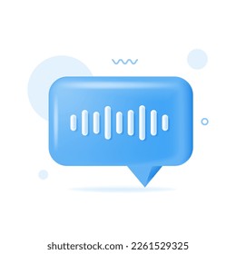 Voice message chat bubble icon with sound wave. Record audio message. 3d speech bubble with mic. Podcast voice audio record. Music track sound wave. Vector