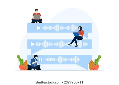 Voice message chat concept. people use microphones to record messages. Chat application. Talking Chat Speech Bubble. Modern flat cartoon style. Vector illustration on white background.