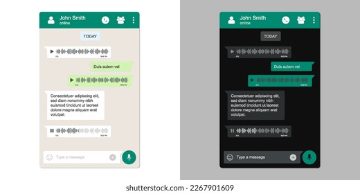 Voice message chat interface for messenger application, vector flat template. Chat messenger with voice message record or microphone icon on conversation background