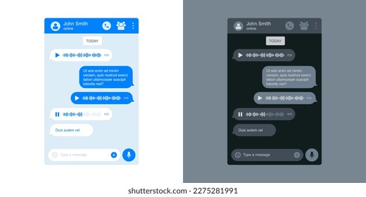 Voice-Message-Chat-Schnittstelle für Messaging-Anwendung, Vektorblasen. Voice-Message-Chat-Rectors, flaches Template-Design für sozialen Netzwerk-Chat auf blauem Hintergrund