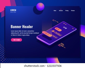 Voice message, chat room dialog isometric icon, send mobile message, smartphone dark neon vector