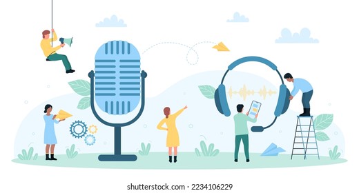 Voice message, chat service vector illustration. Cartoon tiny people using big microphone and headphones for audio conversation, record and listen sound in online messenger of phone