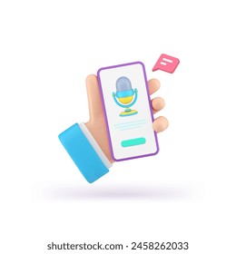 Voice message chat sound microphone online dialogue smartphone application realistic 3d icon vector illustration. Hand holding mobile phone internet speaking record cyberspace messaging communication