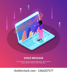 Voice message flat composition with woman standing on  keyboard of laptop with voice recognition app vector illustration