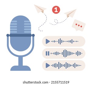 Voice message icon. Recording voice, personal assistant, podcast concept. Sound wave,  microphone and notification sign. Vector flat illustration 