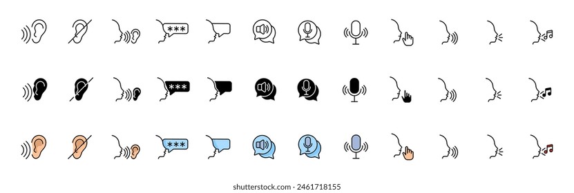 Colección de iconos de mensajes de voz. Lineal, silueta y estilo plano. Iconos vectoriales