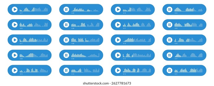Voice message interface with play, pause buttons and sound waves. Waveform pattern for music player, podcasts, mobile voice message, streaming