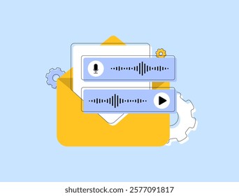 Voice message notification e-mail concept with yellow envelope, audio waveforms and gear symbols. Email communication, audio messages, voice notes, modern correspondence, digital e-mail notifications