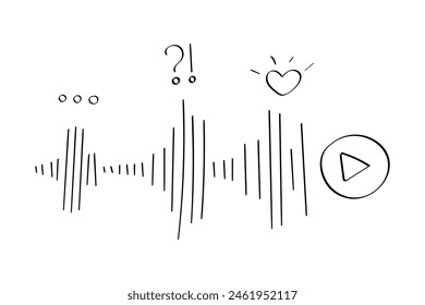 Voice message on social network, chat with reactions. Sound wave. Doodle frequency with different amplitude, radio signal, line waveform, volume level symbol. Music player. Sketch. Vector illustration