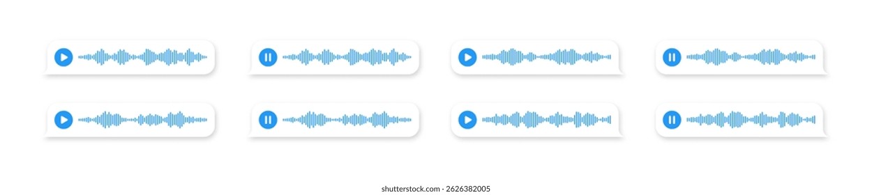Coleção de elementos de diálogo do mensageiro de texto de vetor de mensagem de voz e sinal de reprodução. Ícone de comunicação de áudio definido.