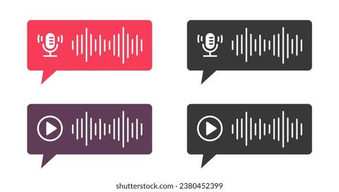 Voice message record and audio chat bubble speech play icon vector graphic element illustration set, messenger app sms talk or podcast voicemail red flat design image 