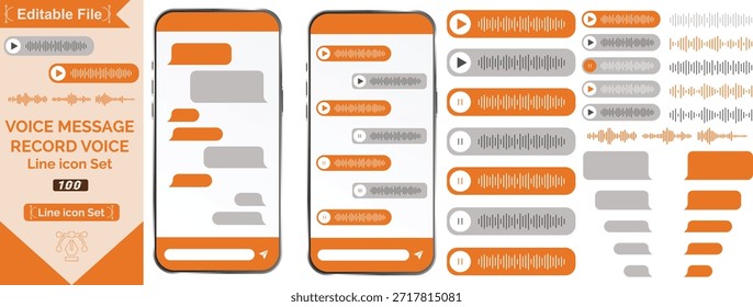 Mensaje de voz. Grabar reproductores de mensajes de notas de voz con formas de onda, controles de reproducción e iconos de audio de duración. Diseño de interfaz de usuario de teléfono celular, App de chat de teléfono inteligente, Elementos de interfaces de podcast. Conjunto de Vectores